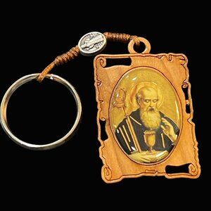New St. Benedict Wooden Keychain with Medal Catholic Religious Icon Prayer Card